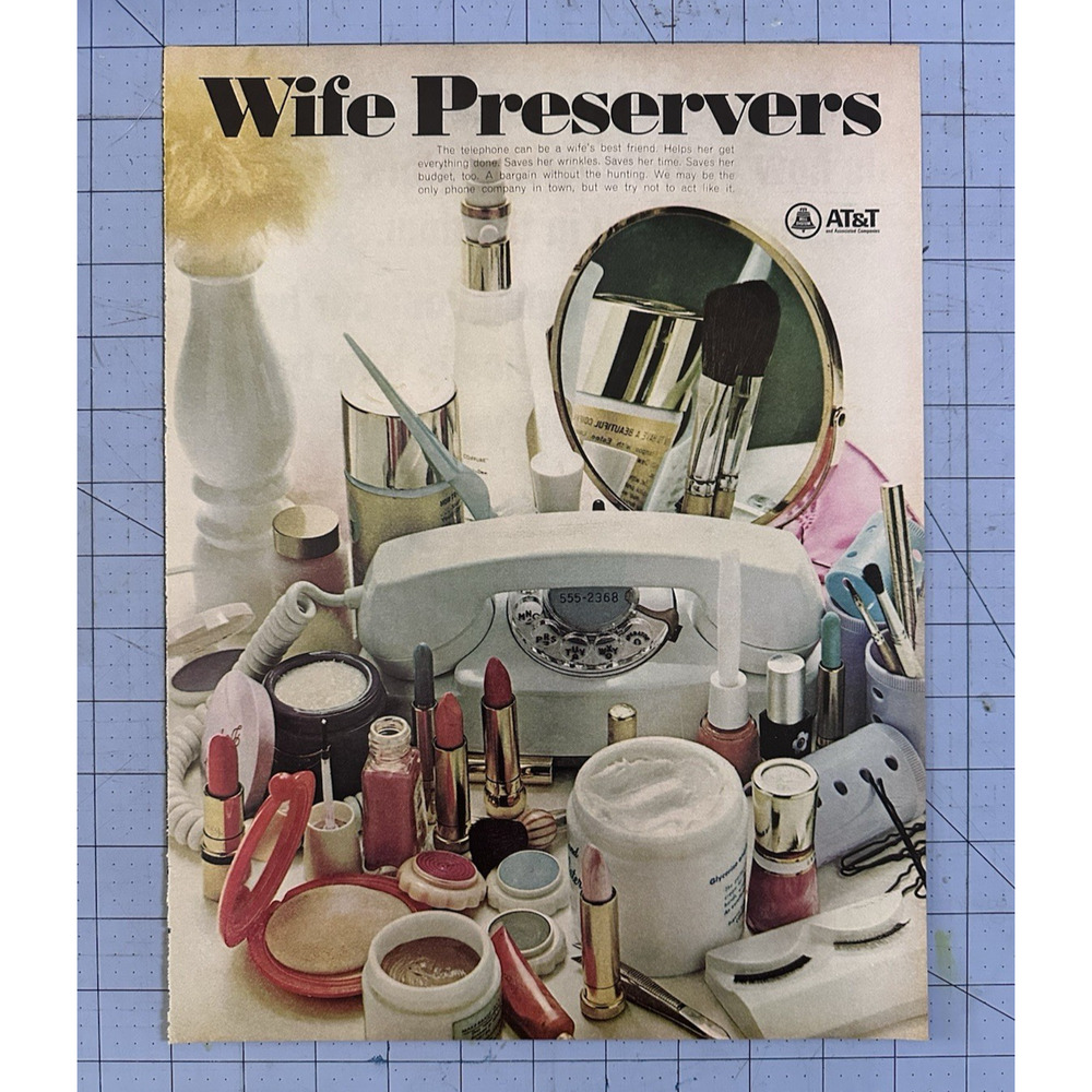 Print Ad 1967 AT&T White Rotary Dial Phone Cosmetics Table Wife Preservers